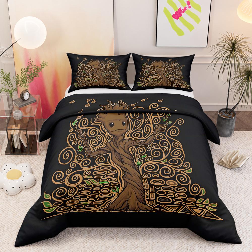 3 Piece Bedding Set Groot Dancing Music Notes Klimt Swirl Pattern Duvet Cover Set, Stylish Guardians Galaxy Bedding for Kids Teens Bedroom Decor