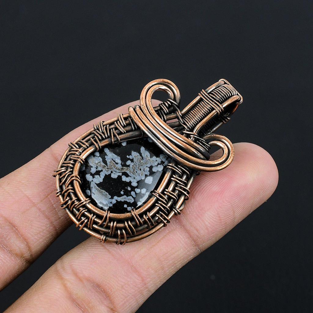 Snowflake Obsidian Pendant Gemstone Jewelry, 999 Copper Wire Wrapped Pendant, Gift For Women Handmade Pendant