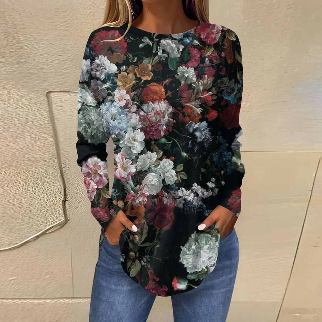 Tee Shirts For Women Fall Casual Long Sleeve Shirts Sweatshirt Retro Printing Top Pullover