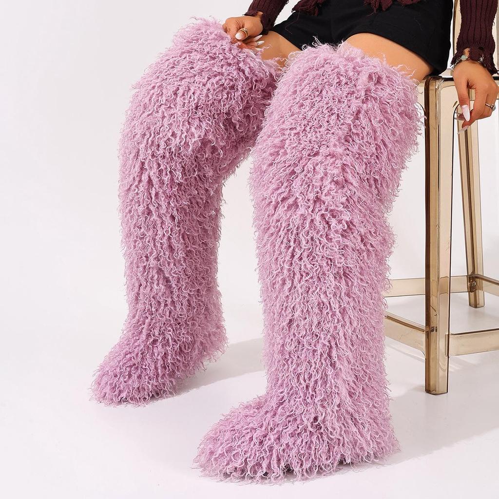 European-American 72cm Faux Tibetan Sheep Fur Thigh-High Snow Boots for Autumn & Winter