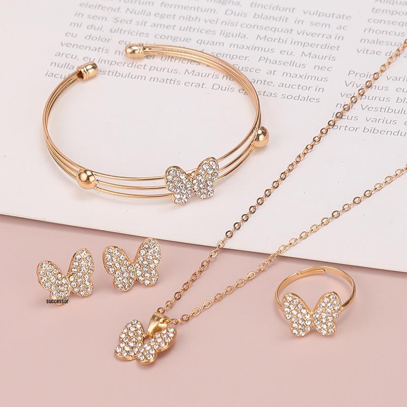 Elegant Heart & Butterfly Jewelry Set for Women: Stylish European & American Design with Stud Earrings, Ring, Bracelet, and Necklace.
