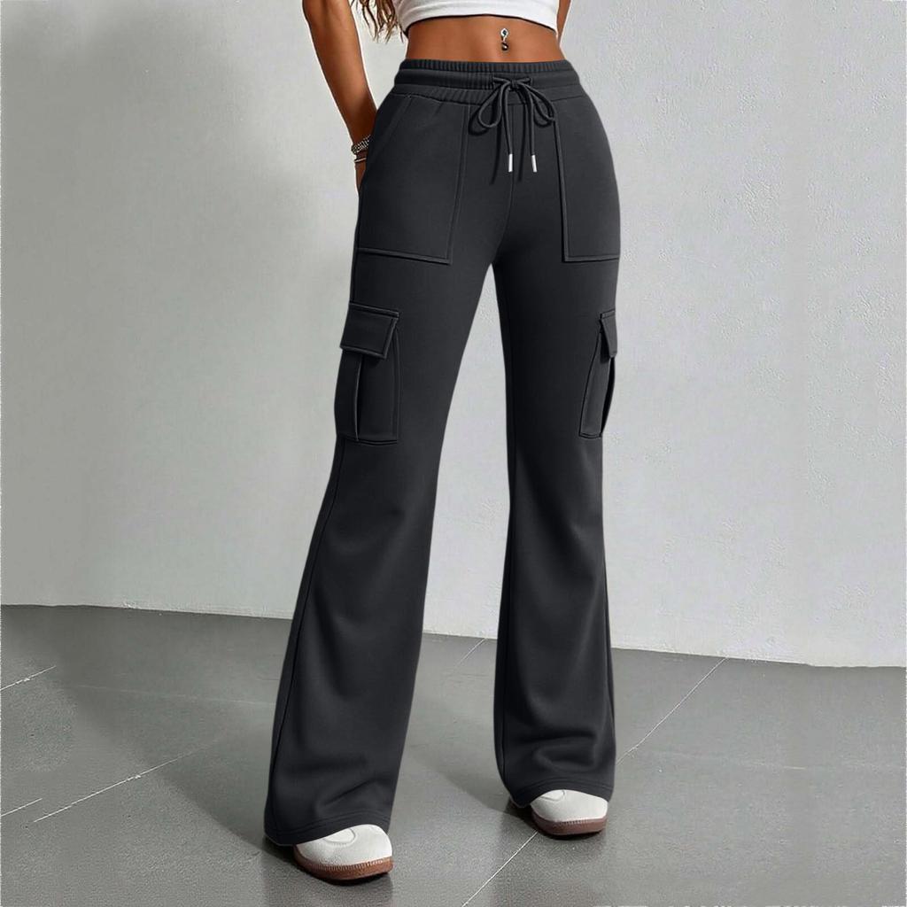 Women's High Waist Drawstring Casual Flared Pants with Pockets Loose Fit Wide Leg Trousers Elastic Waistband