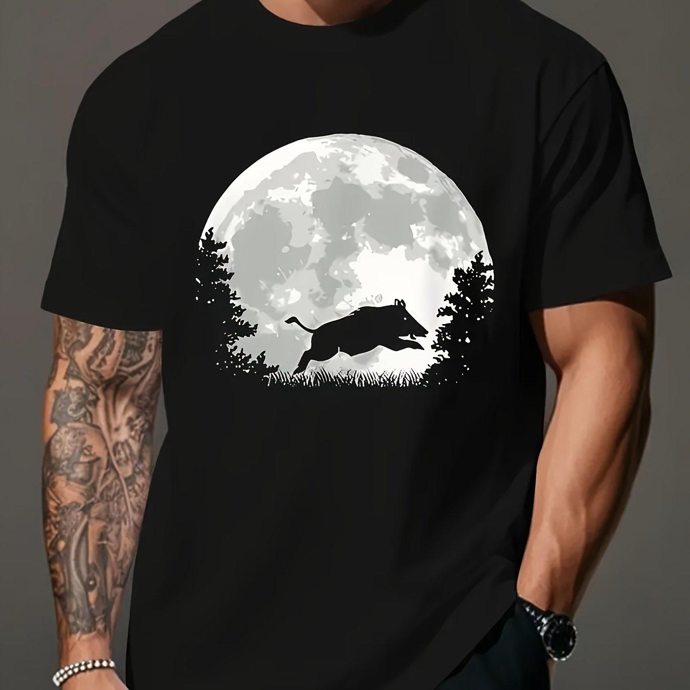 Wild Boar Moon Graphic Mens Cotton TShirt Breathable Short Sleeve Casual Hunting Tee S