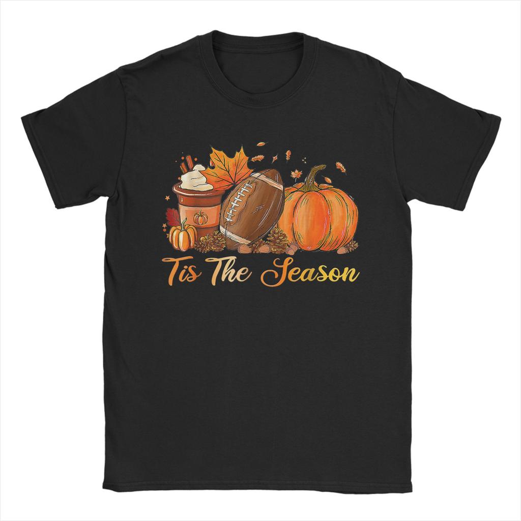 Unisexs TShirts Pumpkin Spice Football Tis The Season Fall Thanksgiving Tees Short Sleeve T Shirts Crew Neck Clothing Classic