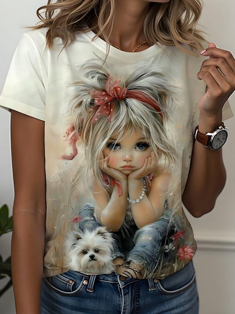 3D Printed Little Girl Graphics T-Shirt for Women Short Sleeves Summer Casual Streetwear O-Neck Tops Oversized Women Clothing