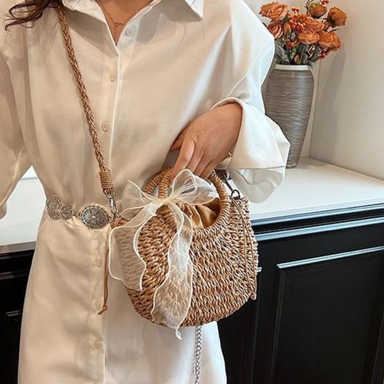 Straw Woven Handbag Boho Small Crossbody Purse with Detachable Strap Round Top Handles Summer