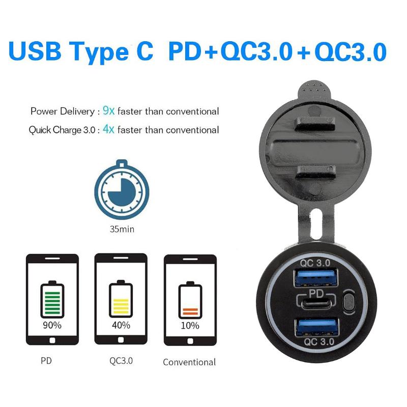 High Power 12V Quad Port USB Charger Socket With Button Switch 96W Dual USB C Outlet Fast Charging For Car RV Marine Vehicles