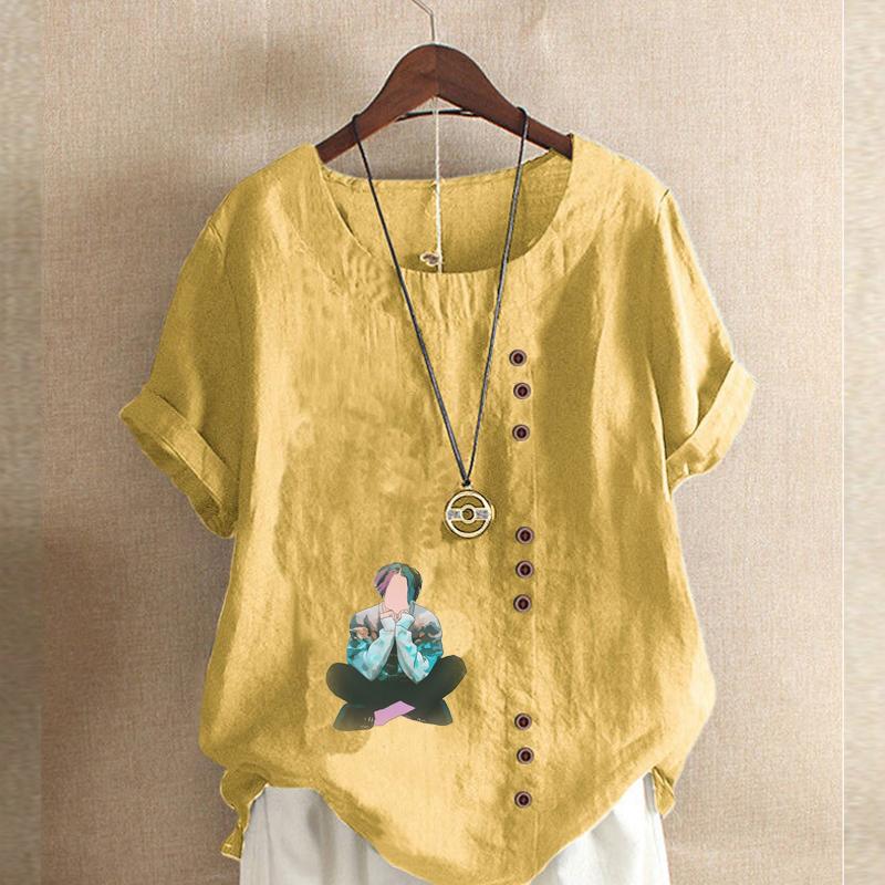 Women's New Fashion Linen Shirt Round Neck Short Sleeve Boy Printed T-shirt Summer Ladies Casual Plus Size Blouse Tops