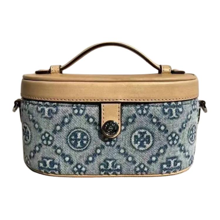

Tory Burch T Monogram Classic Pattern Vintage Style Fabric Makeup Bag Mini Women Makeup Bag Blue 167749-414 Basic Set (Bag+Dust Bag)
