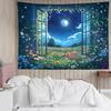 Wildflower Moon Tapestry, Window Forest Plant Green Leaf and Garden Colorful Floral Wall Tapestry for Bedroom, Night Sky Wall
