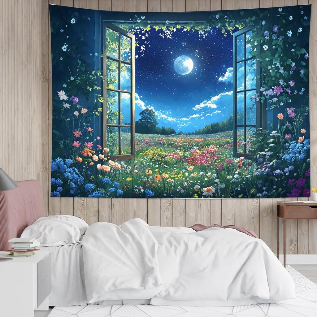 Wildflower Moon Tapestry, Window Forest Plant Green Leaf and Garden Colorful Floral Wall Tapestry for Bedroom, Night Sky Wall