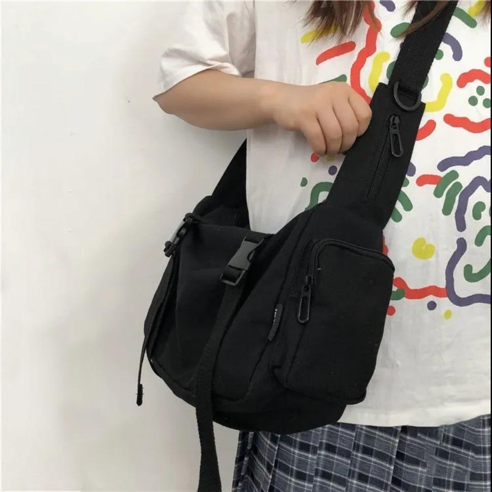 

Fashion Black Crossbody Bags Large Capacity Pockets Canvas Tote Nylon Retro Cross-body Bag Zipper Unisex Style Crossbody Bags чёрный