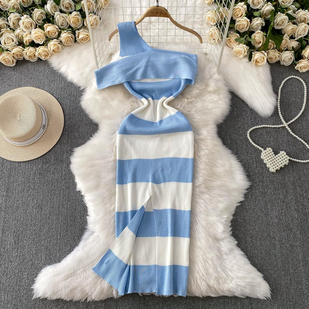 Summer Women Sexy One Shoulder Striped Knitted Office Work Sweater Sheath Dresses