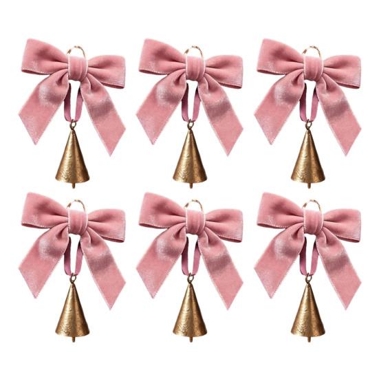 Holiday Party Hanging Ornaments 6 Pcs Velvet Bow with Bell Ornaments, Vintage Rustic Christmas Seasonal Decorative Decoration, Retro Jingle
