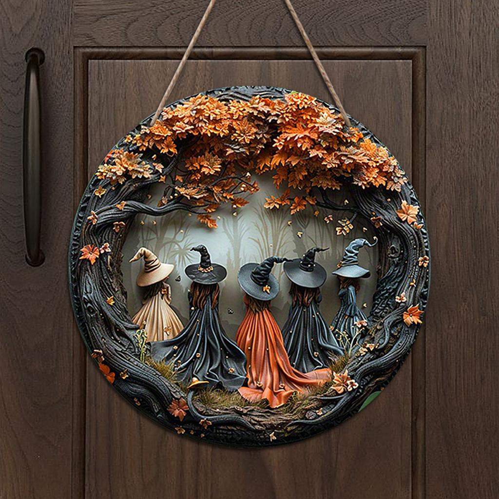 Five Witches Halloween Door Decorations Wear Resist Halloween Wreath Decoration Wood Holiday Doorplate for Home Front Door Decor