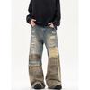 ROADVIBE Amerikanischer Retro Camouflage Patchwork Jeans Herren Zerrissenes Loch Katzenbart Weiter Bein Hosen Streetwear Trendige Gewaschene Denim Hosen
