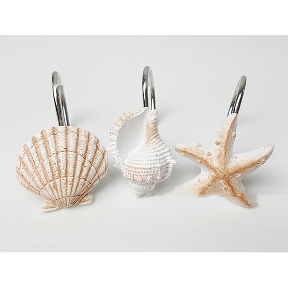 12Pcs Ocean Theme Shower Curtain Hook White And Brown Resin Curtain Hooks Decor For Bathroom Baby Room Bedroom Living Room
