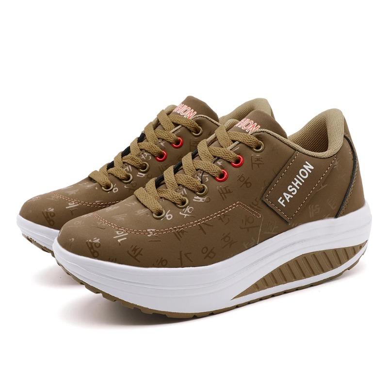 Women Casual Sports Shoes Breathable Comfortable Wedge Heel Thick Sole Sneakers Lace-up Shoes