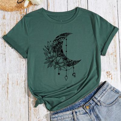 Summer Pure Cotton Women's Printed Moon Flower Loose Oversized Round Neck Short Sleeved T-Shirts Women’s