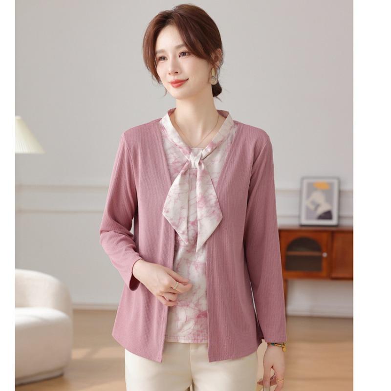 Mom's Spring and Autumn Clothes New Fake Two-piece Top Fashion Middle and Old Women's Clothing Temperament Long-sleeved Bottoming Shirt Women