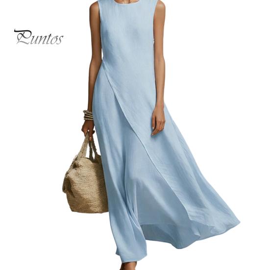 Solid Color Women Dress Women's Sleeveless Cotton Linen Dress, Casual Irregular Hem Crew Lightweight Summer Neck Long Loose Beach Vacation Sundress