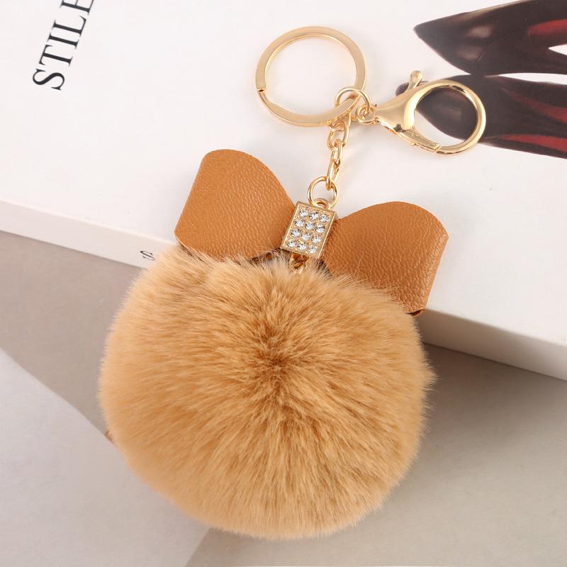 Faux Fur Pom Pom Keychain Women Girls Plush Ball Bag Backpack Pendant Creative Rhinestone Pu Leather Bow Car Keyring GiftS