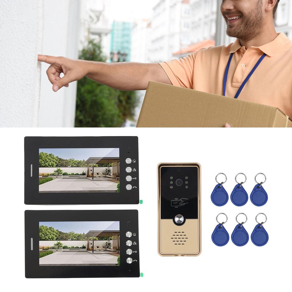 Video Intercom Entry System 2 Units 7 Inches HD Display Wired Video Door Phone Kit with 6PCS Access Cards for Villa Apartment