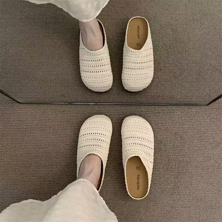French niche woven hollow breathable slippers summer outer wear bag head Muller slippers outer wear
