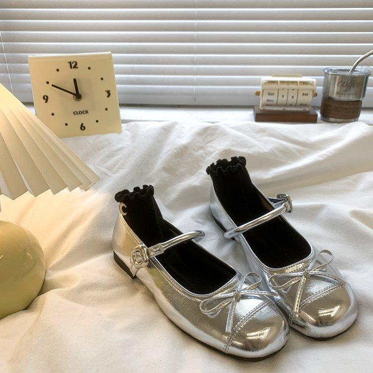 Fashion Women Fashion Thick Heel Mary Jane Shoes Ladies Spring Autumn New Round Toe Single Shoes Sliver Bows Platform Casual Light Shoes