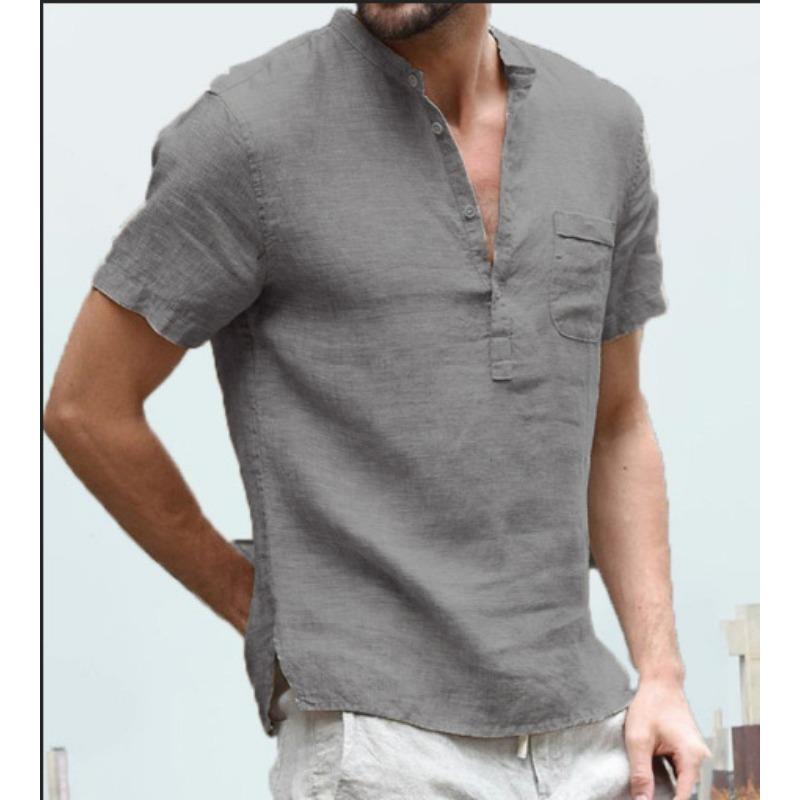 New Casual Linen Solid Color Half-open Shirt Men's Clothing