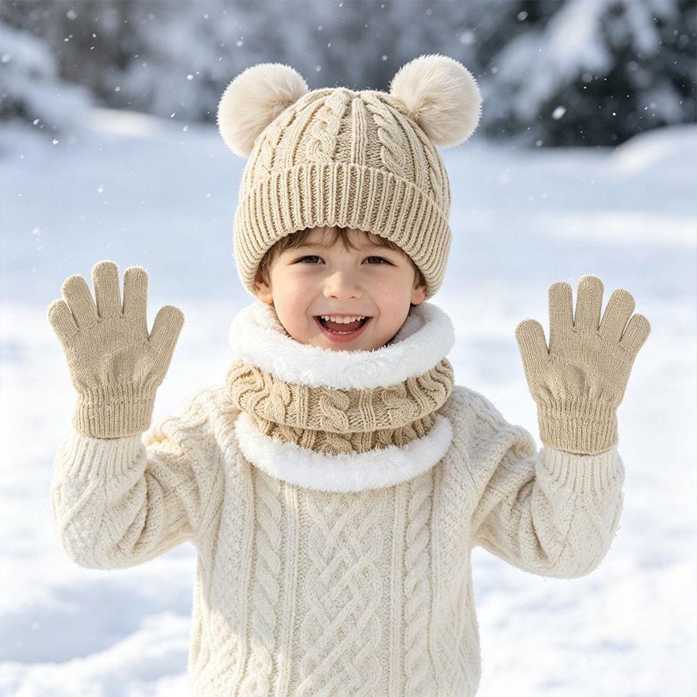 3Pcs/Set Warm Knitted Hats Scarfs Plush Bonnet Gloves Kits Children Scarf Hat Gloves Set  Outdoor