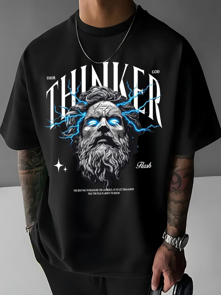 The Mens 100 Cotton Tshirt with A THINKER Sculptural Style Head Print Is Suitable for Casual Vacation Occasions