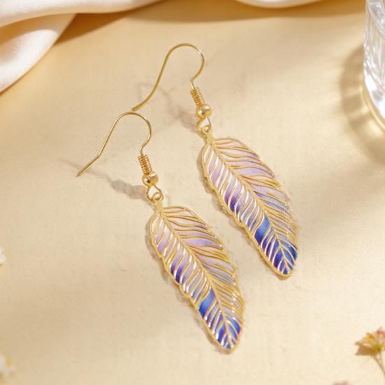 1 Pair Hook Earrings Retro Style Gradient Color Enamel Technology Gold-Plated Edges Feather Shape Drop
