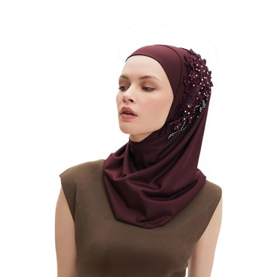 Women Solid Color Lace Rhinestone Muslim Hijab Wrap Islamic Scarf Cap Head Cover