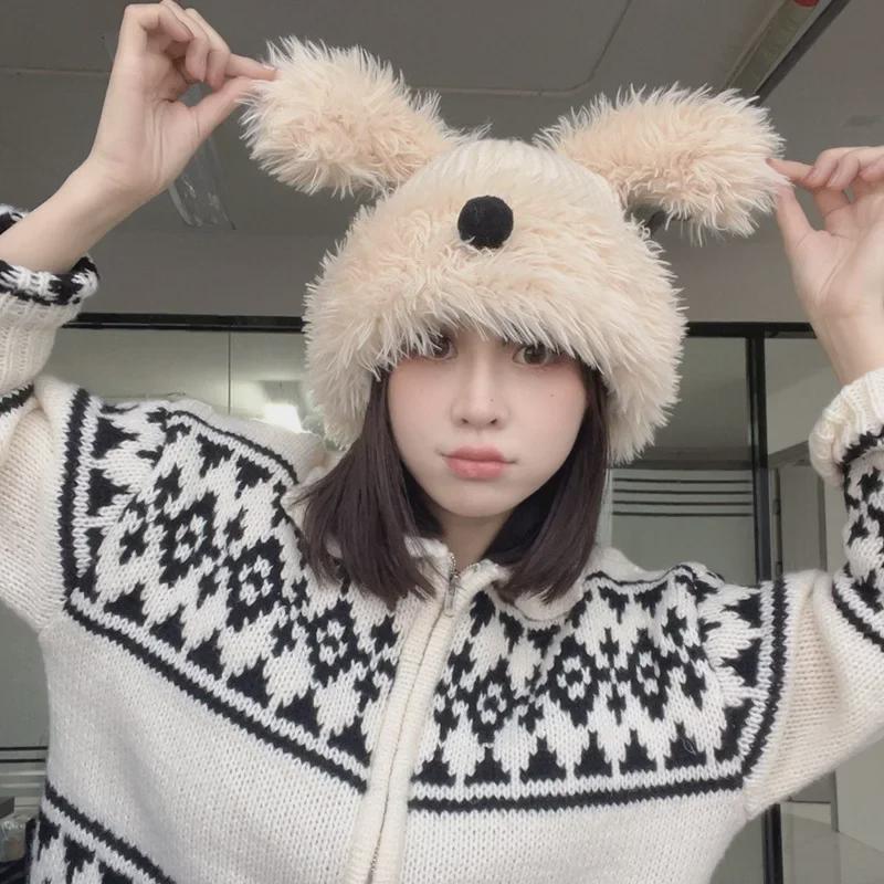 Cappello di lana a maglia con naso da cucciolo soffice e carino: Berretto Caldo Versatile da Donna per Autunno e Inverno