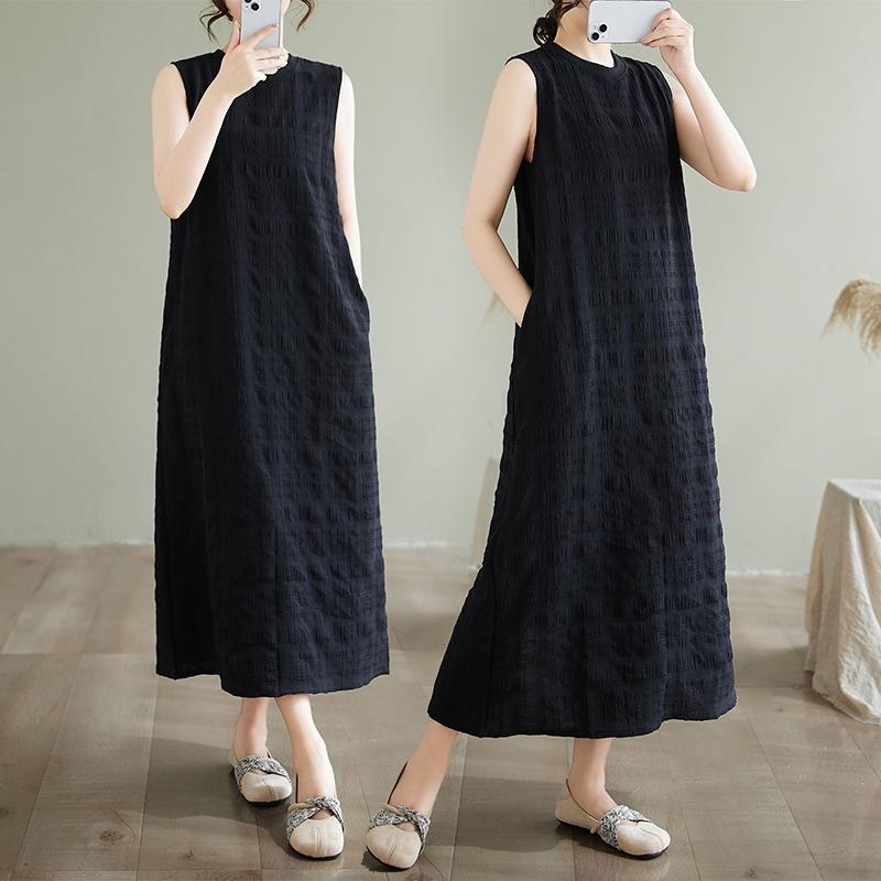 Elegant Round-Neck Sleeveless Tank Dress for Women New Summer Style Loose-Fitting Textured High-End Exquisite Long Dress