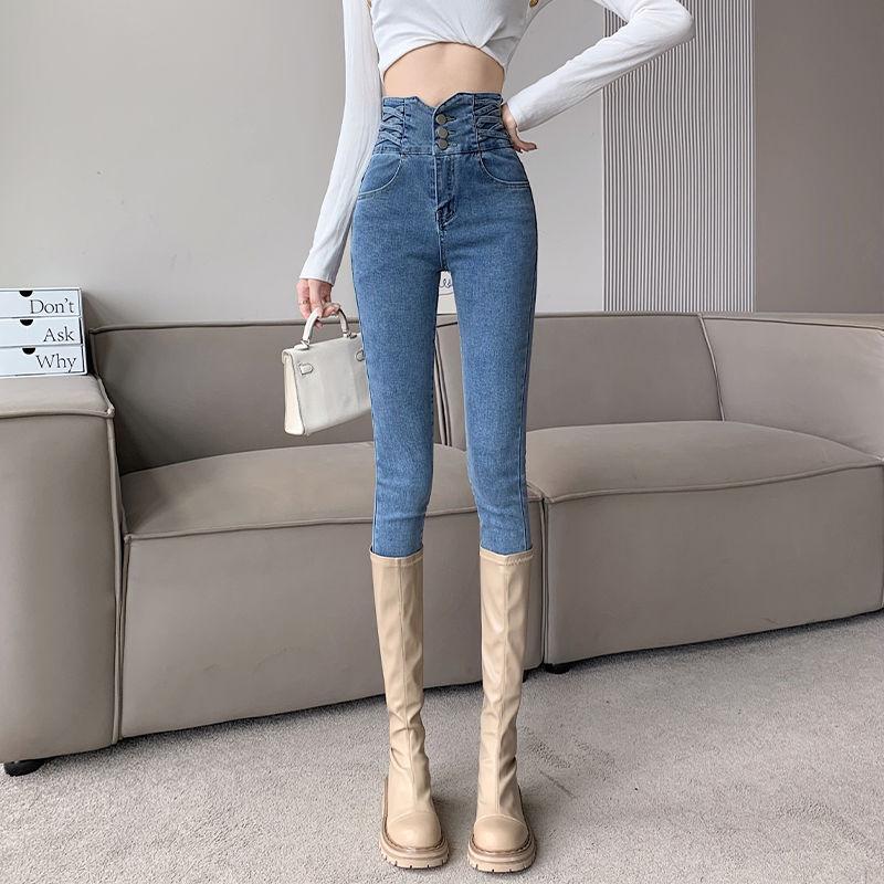 

Весенние и осенние узкие джинсы-карандаш с высокой талией, женские винтажные эластичные узкие джинсовые брюки, повседневные уличные однотонные брюки 24 синий