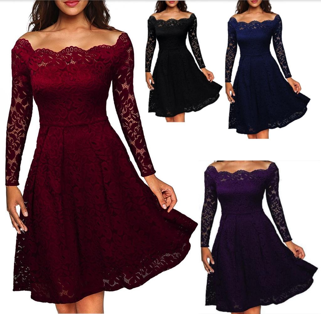 Elegant Women's Vintage Lace Boat Neck Formal Wedding Cocktail Evening Party Swing Dress