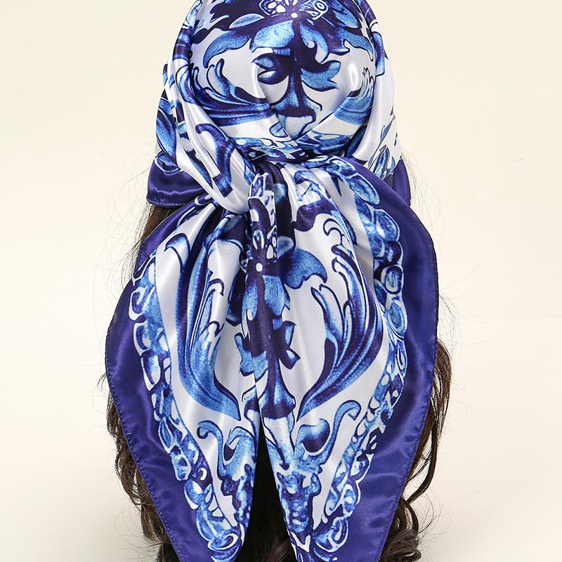 Chinese Style Blue And White Porcelain 90 Square Scarf Digital Floral Printed Handkerchief Muslim Hijab Shawls Bandana Turban