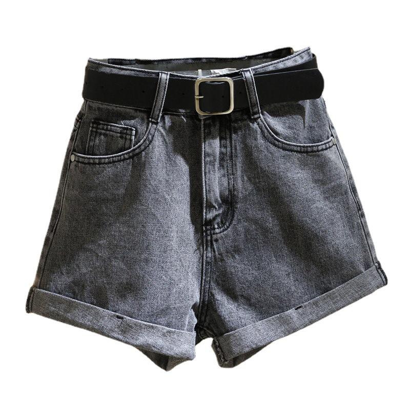 Women's Smoke Gray High-Waist Denim Shorts - Summer 2021 Korean Style, Slimming A-Line With Rolled Hem