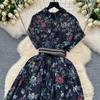 French Vintage Print Lapel Dress Women's Short Sleeve Floral Print High Waist Belt Office Lady Maxi Clothing Female