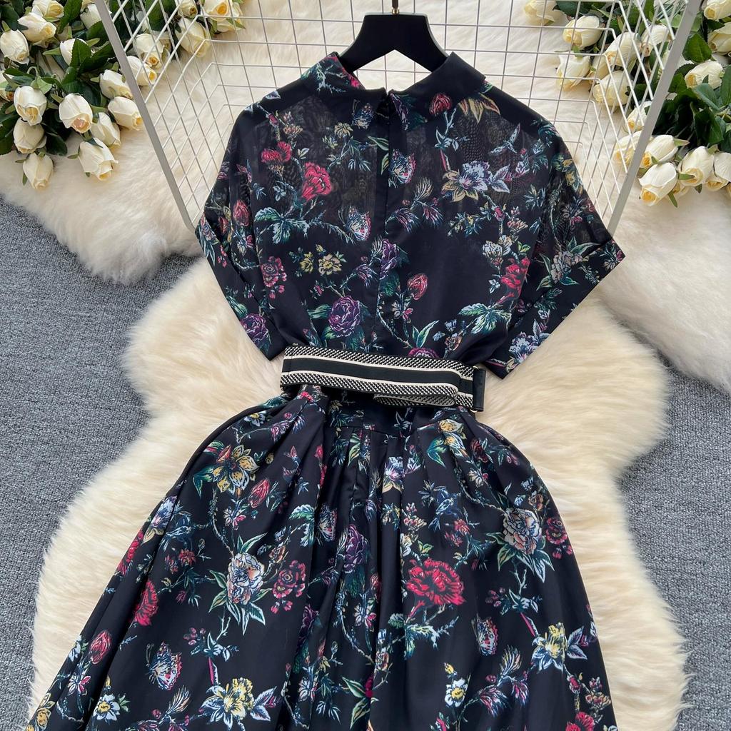 French Vintage Print Lapel Dress Women's Short Sleeve Floral Print High Waist Belt Office Lady Maxi Clothing Female