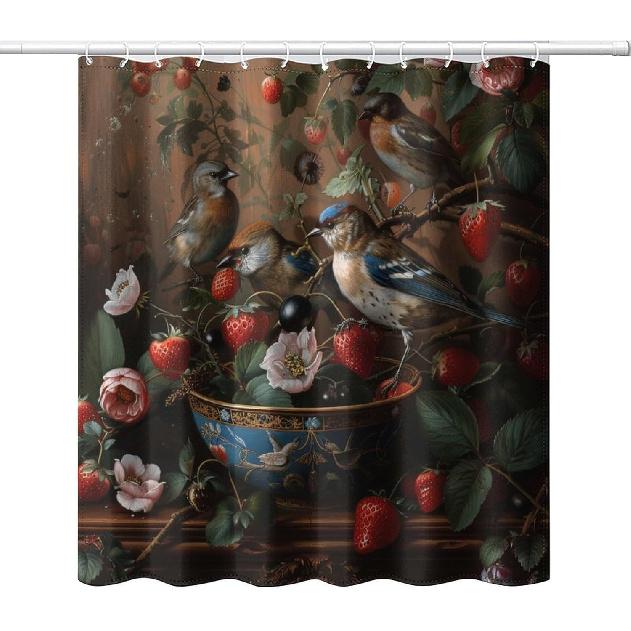 William Morris Flower Shower Curtain, Strawberry Thief Bird Animal Vintage Brown Shower Curtain Bathroom Decor Waterproof Privacy Shower Curtain