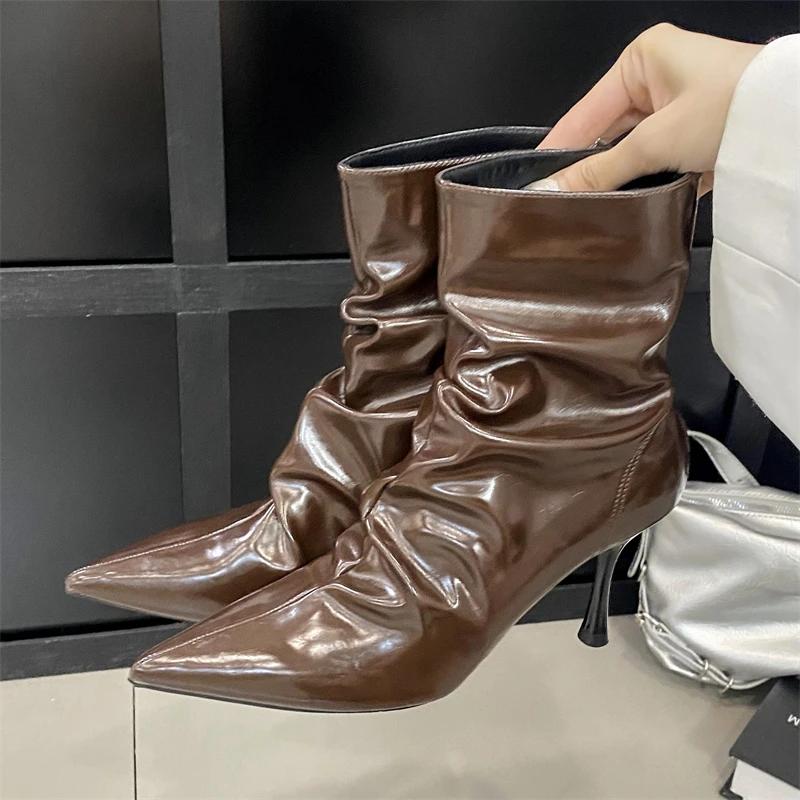 Autumn Winter Pointed Toe Women Ankle Boots Design Pleated Thin Heels Shoes Fashion Booties De Mujer