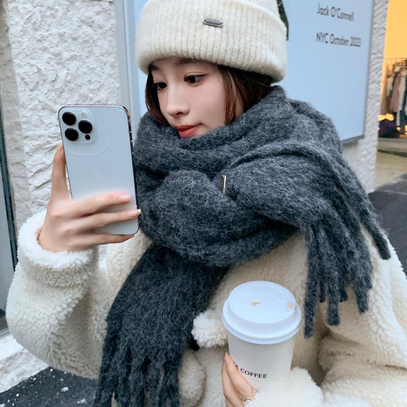 Women's wool-blended knitted solid-color scarf winter thickened warm student scarf men