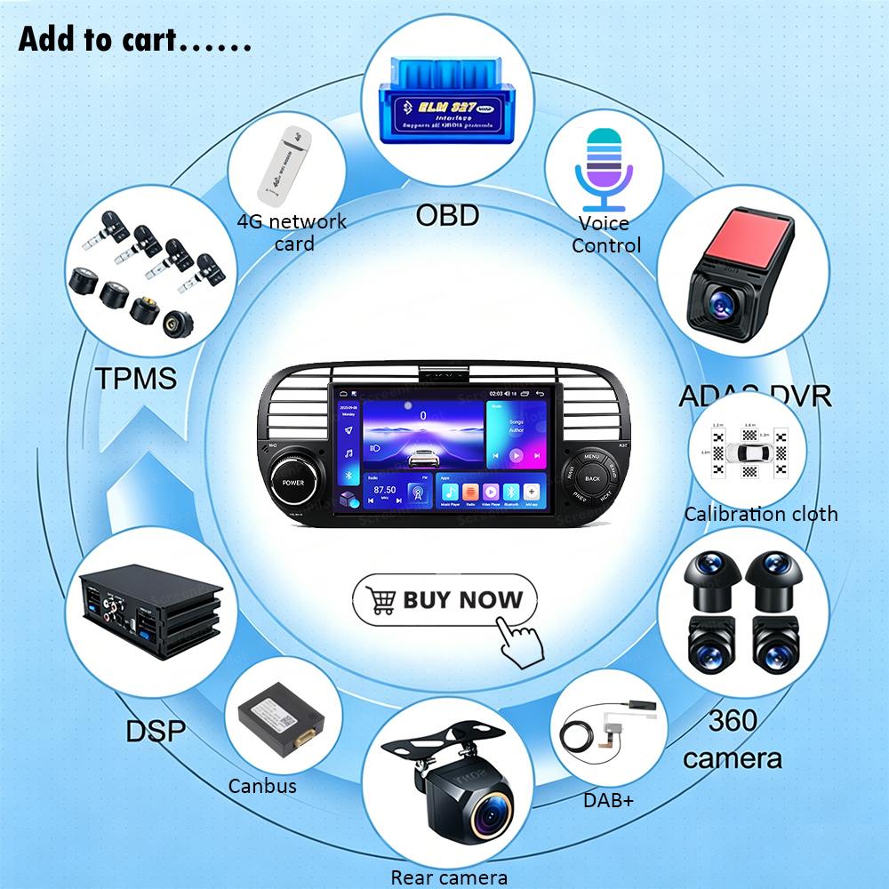 7 Inch Android 16 For FIAT 500 Abarth 2007-2015 Car Radio Stereo Head Unit Multimedia Video Player GPS Navigation 8 Core 5G RDS