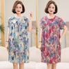 Women's Floral Print Cotton Silk Knee-Length Dress - Plus Size, Short Sleeve, Lightweight & Loose for Middle-Aged & Elderly