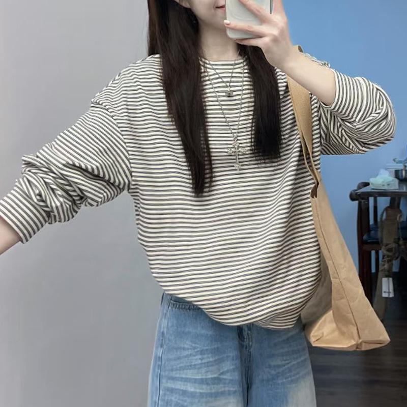 American Vintage Striped Color-block Long-sleeve T-shirt for Women, Loose Loose Lazy Style for Early Autumn, Casual Versatile Top, Base Shirt Trendy