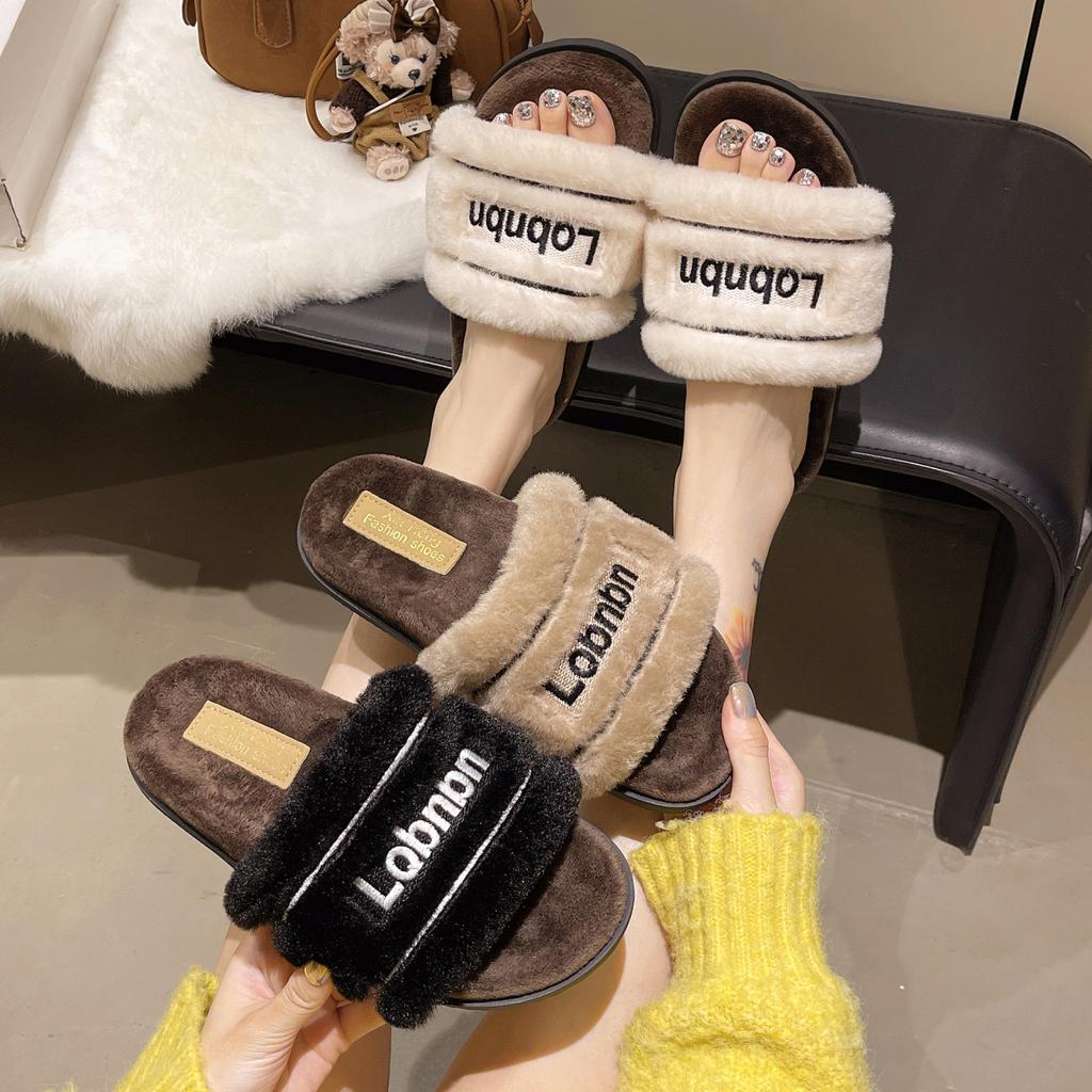 One-word Open-toed Fluffy Slippers for Women, New Autumn and Winter Letters, Round Head, Comfortable and Versatile Flat-bottomed Slippers for Women