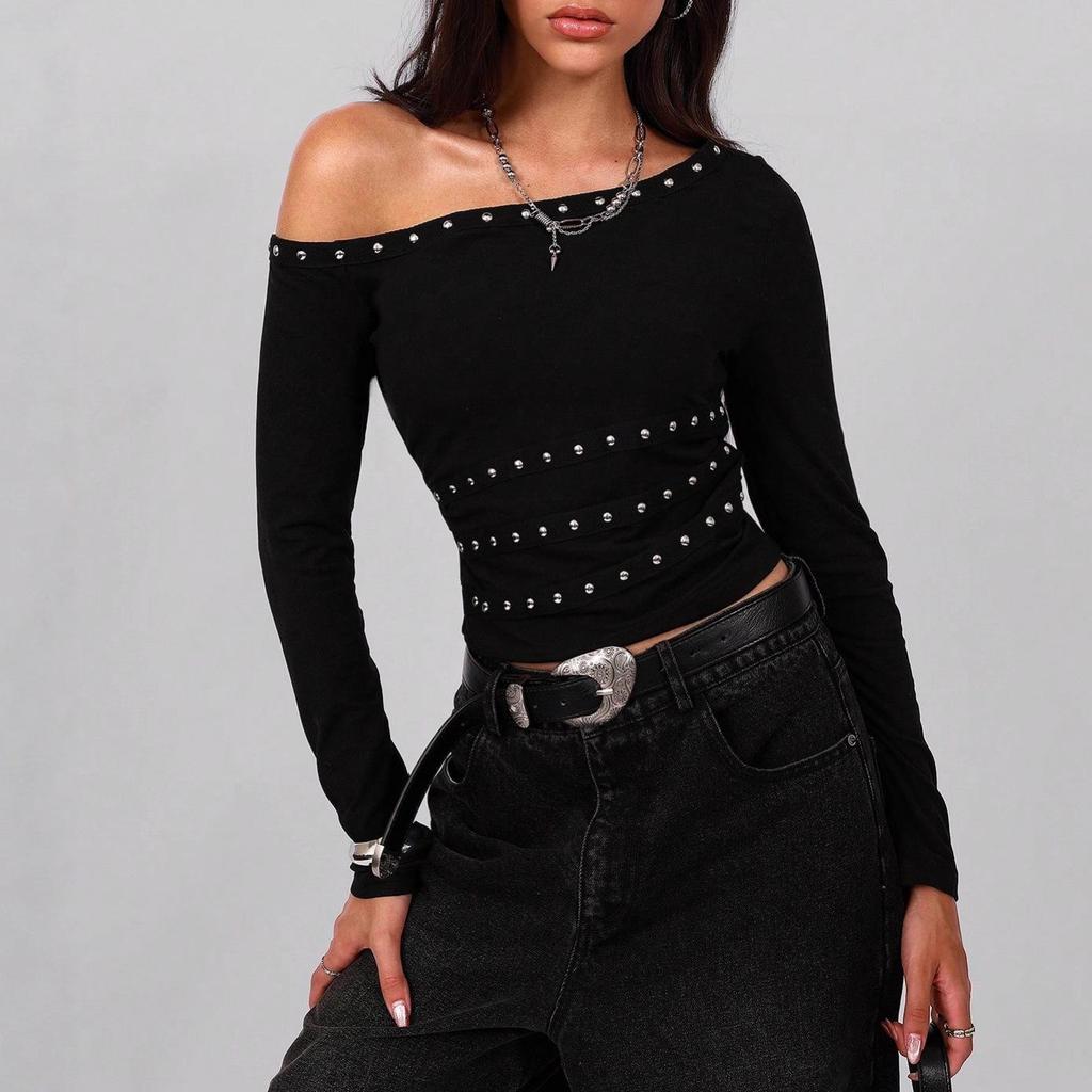 2026 Trendy One-Shoulder Ribbon Stud Slim Fit Top